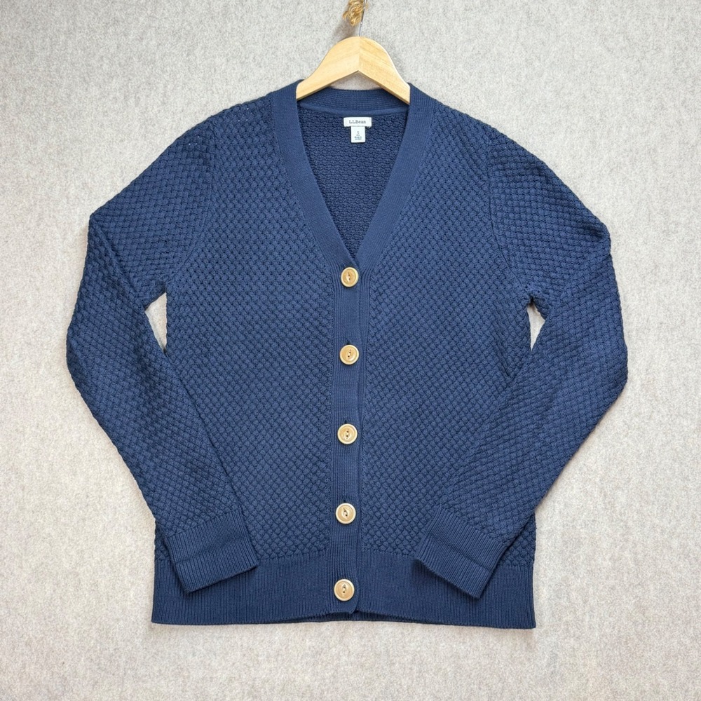 LL Bean Womens Navy Blue Cotton Basketweave Knit Button Up Cardigan Size Small